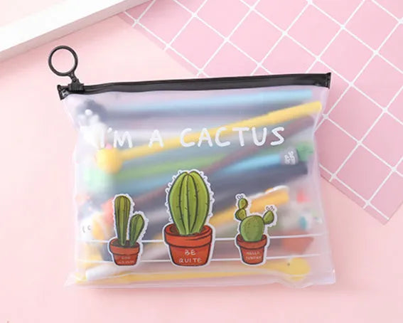 Cartoon cactus-themed ballpoint pen set showing 20 pens with 0.5mm black refills in plastic storage case