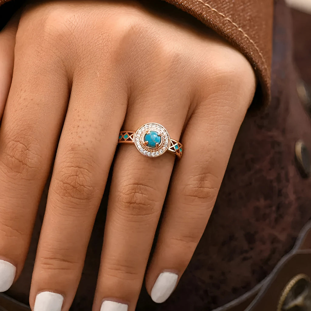 Women's turquoise ethnic geometric ring with rose gold finish and inlaid zircon details
