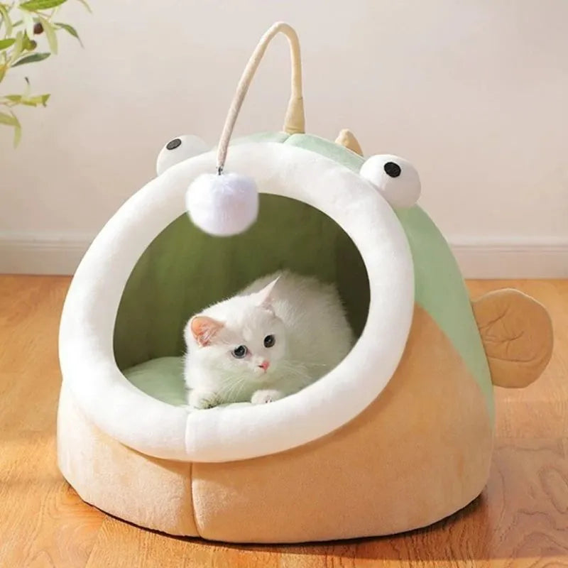 Multifunctional winter cat nest in deerskin velvet semi-closed lantern fish shape Gray colour size M