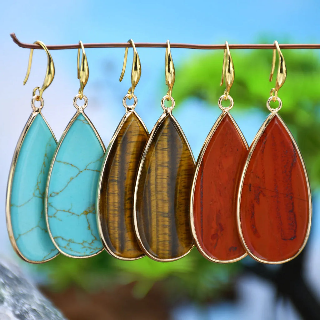 Vintage tigereye stone drop earrings with long water droplet design in five natural stone colour options