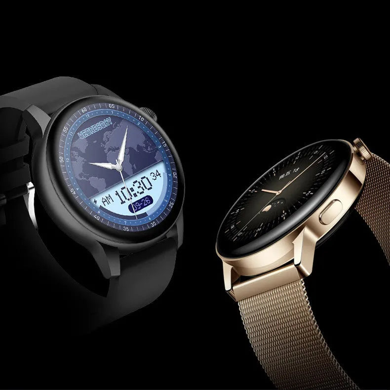 Smart watch with a silver stainless steel case and a black 1.30-inch colour touch screen.