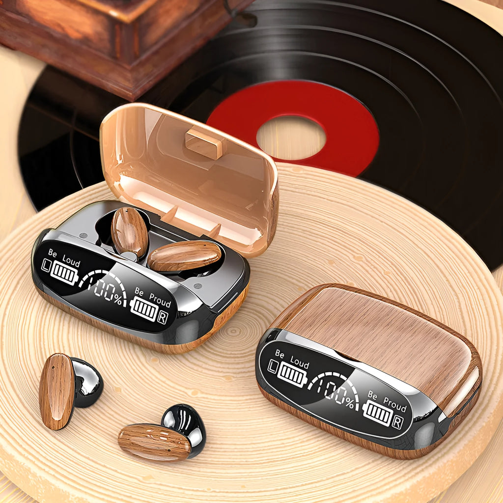 M35 wood grain finish wireless TWS earphones with charging case on display