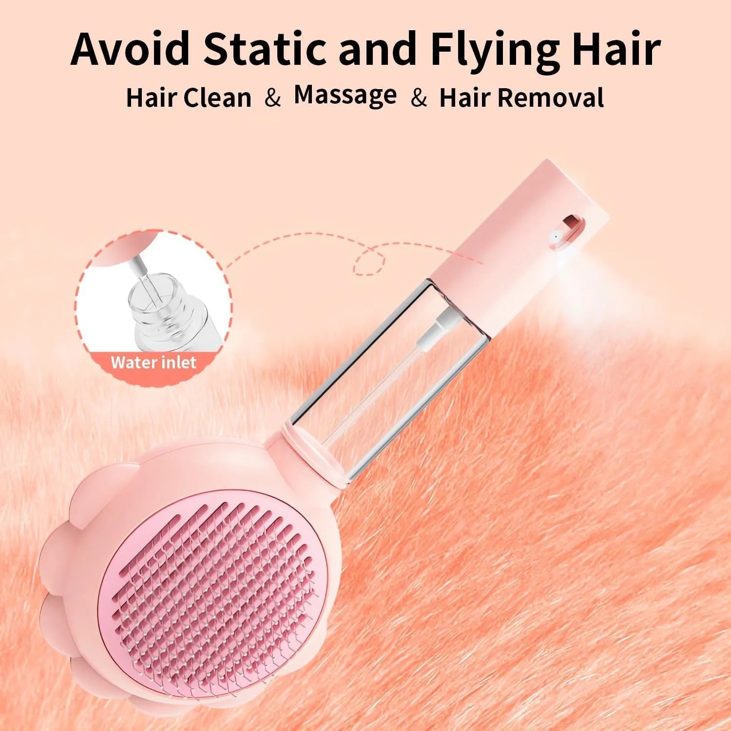 Grey pet grooming brush with self-cleaning button and water spray function on a white background