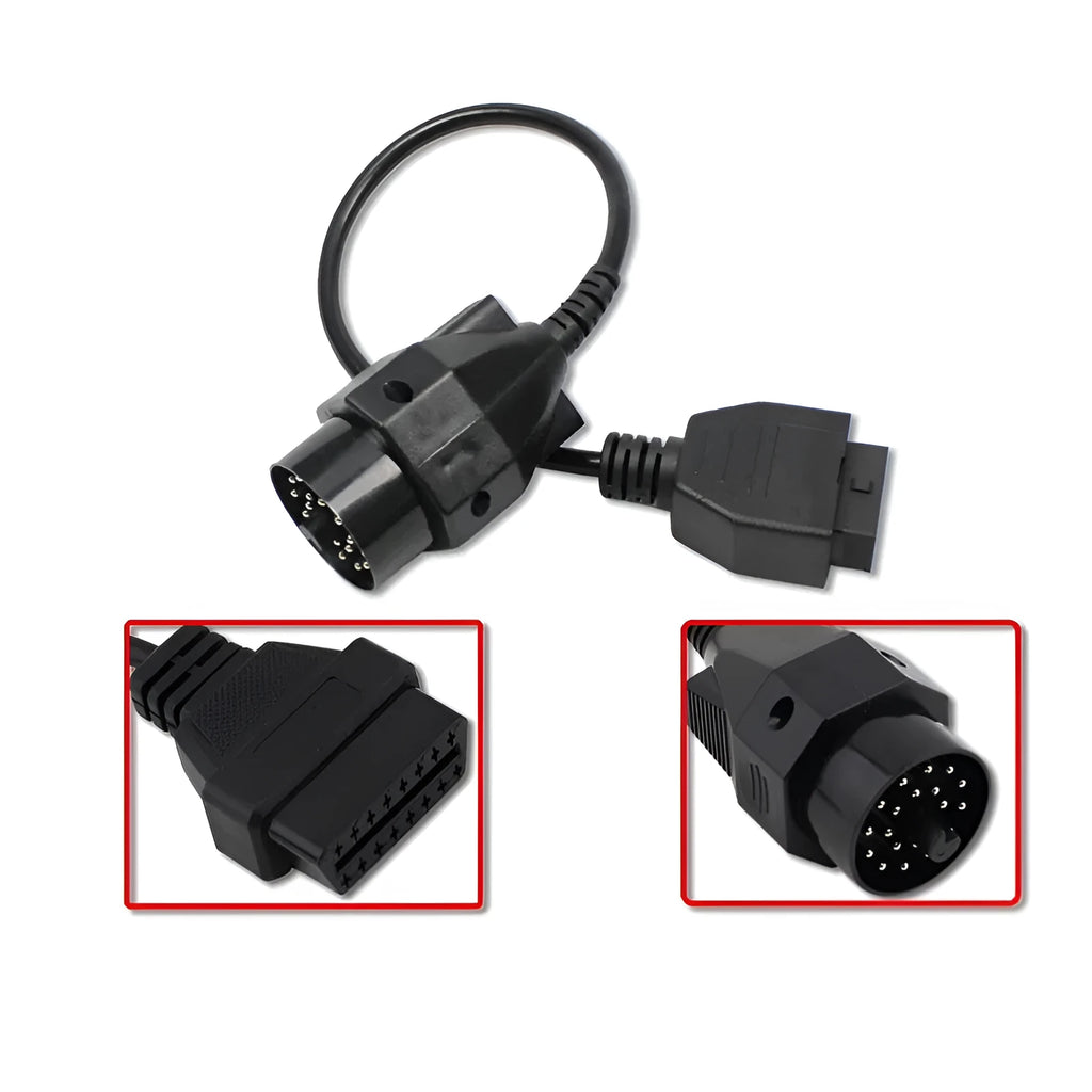 BMW OBD2 diagnostic connector cable showing 20-pin and 16-pin ends for vehicle scanner connection