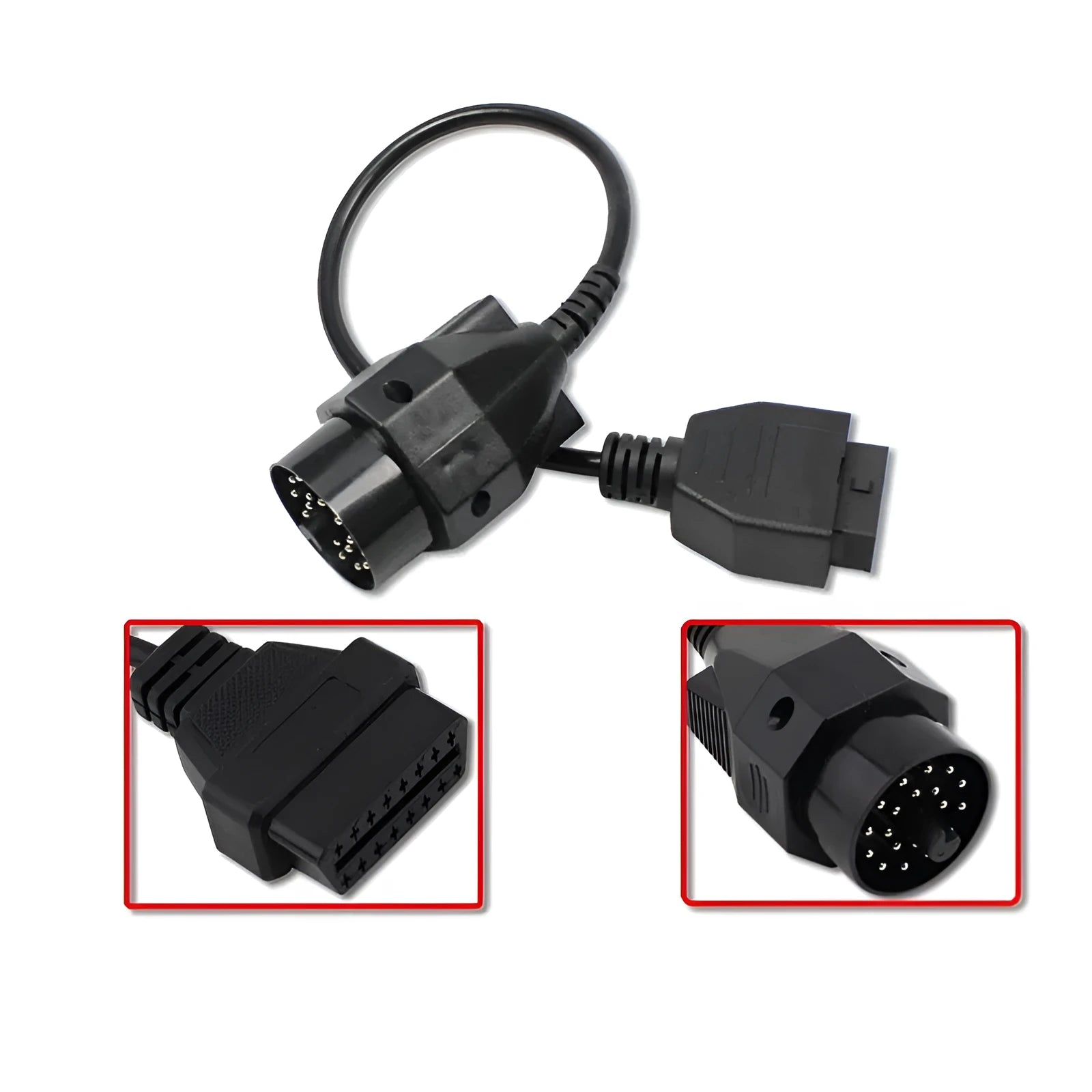 BMW OBD2 diagnostic connector cable showing 20-pin and 16-pin ends for vehicle scanner connection