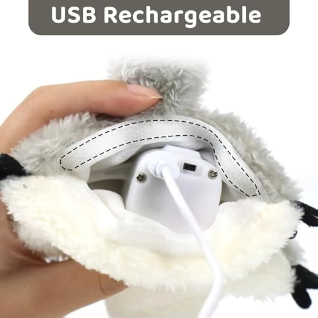 Grey plush flapping squirrel cat toy with USB charging port