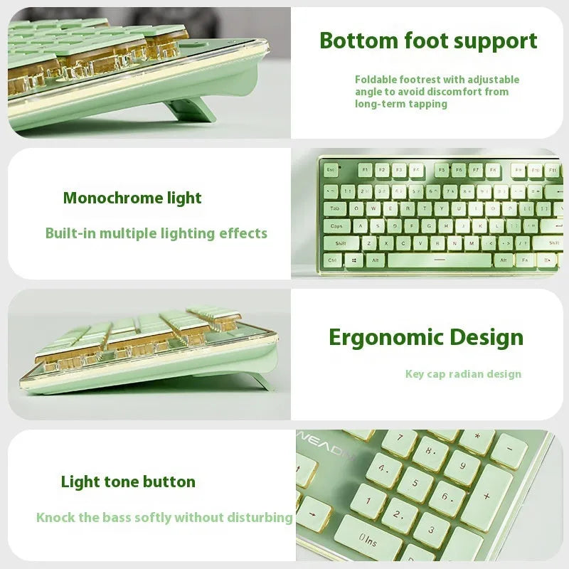 Prewalker V3 silent mechanical feel keyboard and mouse set in retro green colour on a desk.
