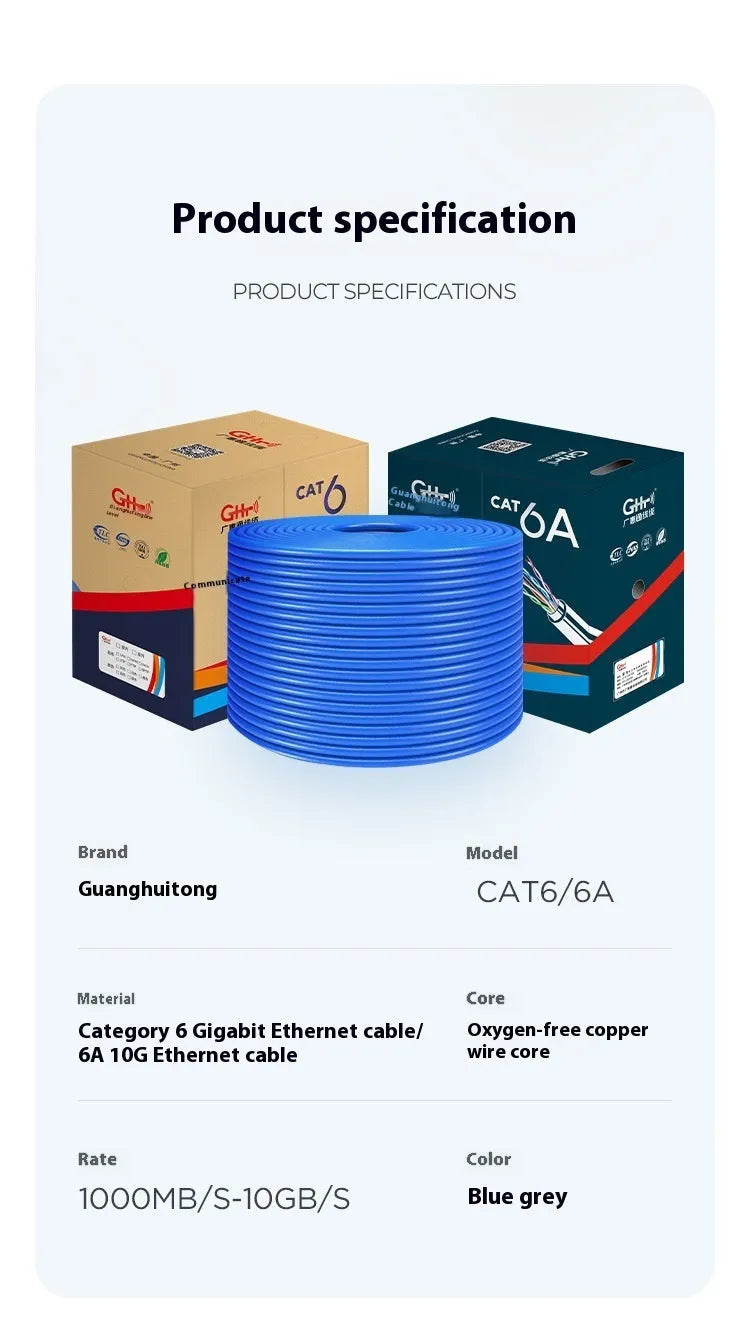 Blue and grey Cat6 UTP network cable with oxygen-free copper conductors in 305-metre bulk packaging