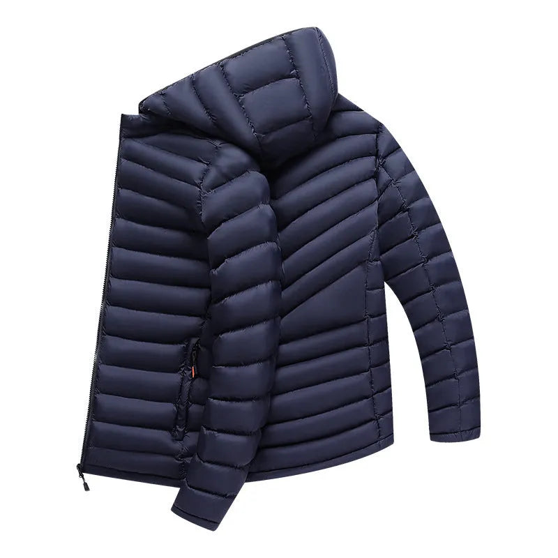Men's lightweight down padded jacket in army green with a detachable hood and zipper pockets.