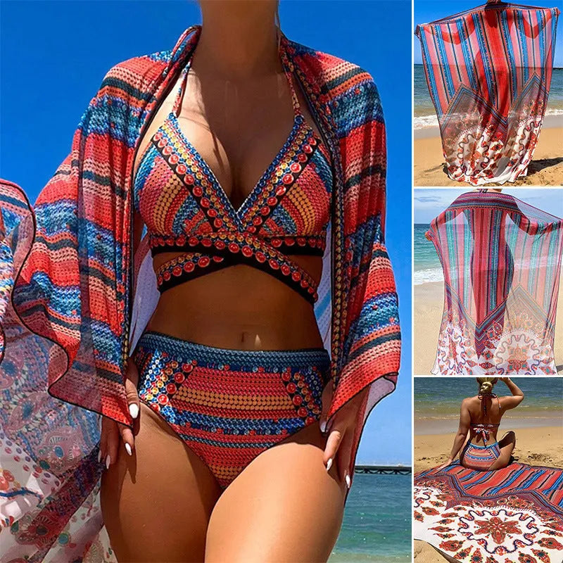 Three-piece women's swimsuit set with high waist briefs, sleeveless cutout blouse and matching coat