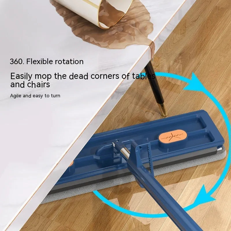 Large flat mop with blue cloth and long stainless steel handle showing 360-degree rotating head.