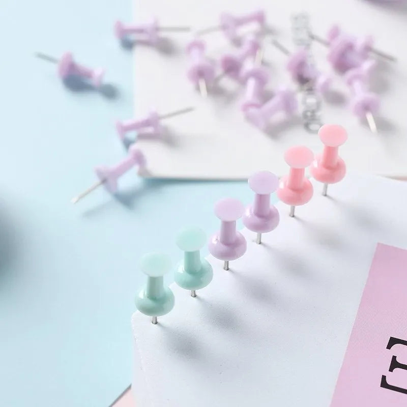 Macaron colour plastic push pins in cherry blossom powder, mint green and lavender in large and small sizes