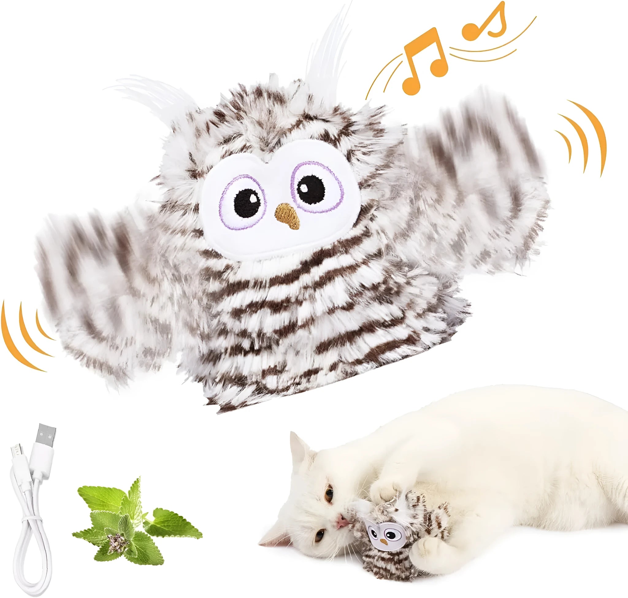 Grey rechargeable electronic owl cat toy with flapping wings on a floor.