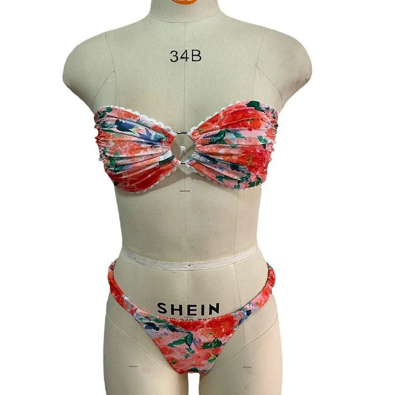 Floral printed tube top bikini with lace trim in European American style swimwear