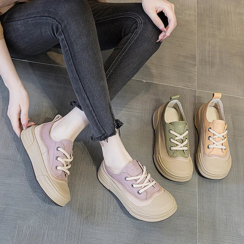Women's leather low-top platform sneakers in matcha green, purple, and orange colours with front lace-up.