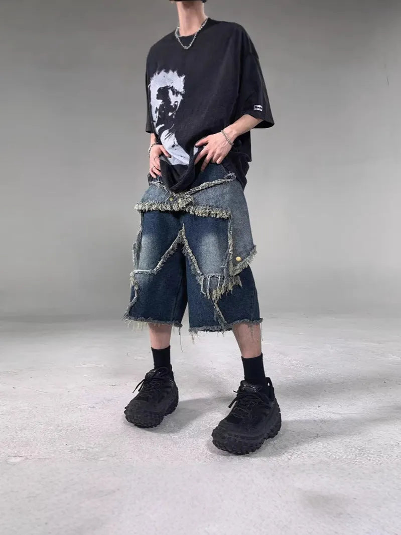 Blue men's denim shorts with frayed hem and five-pointed star patch in retro American style