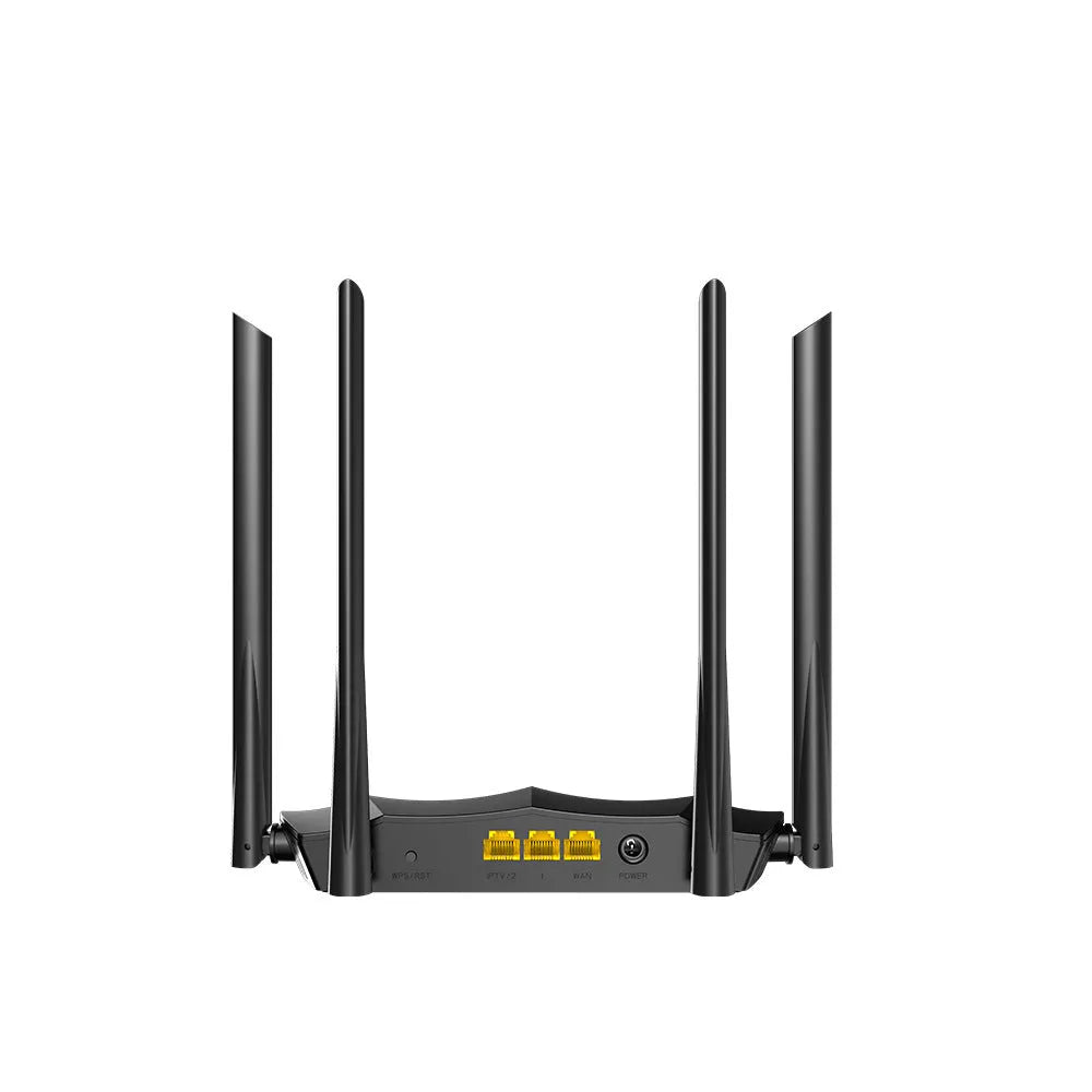 Dual-band wireless router with multiple antennas and Gigabit Ethernet ports on rear panel