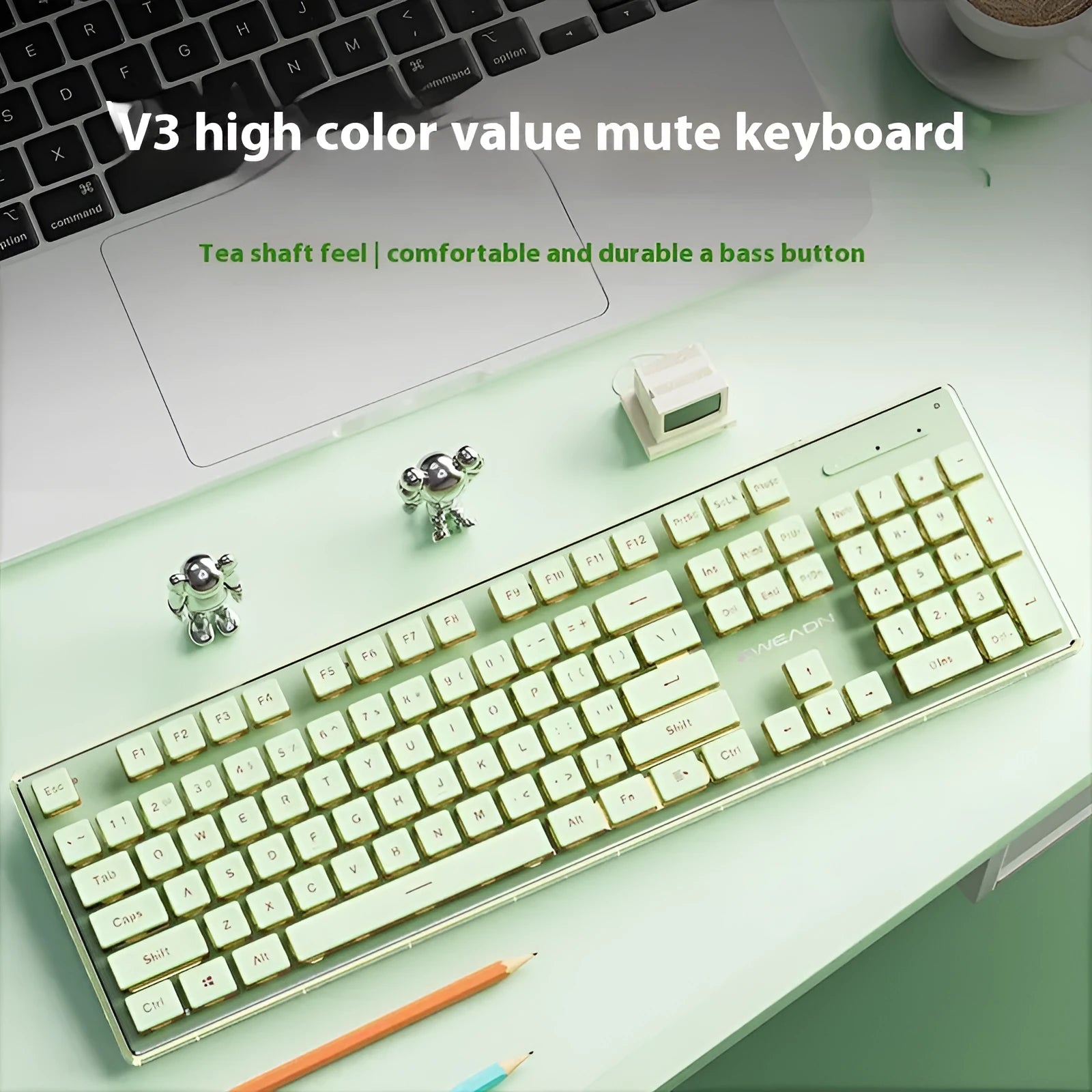 Prewalker V3 silent mechanical feel keyboard and mouse set in retro green colour on a desk.