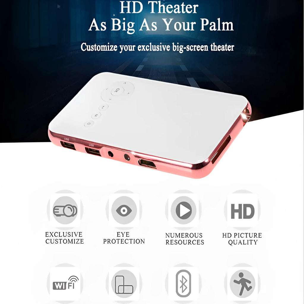 M6S miniature white and rose gold Android DLP projector showing compact 145mm design