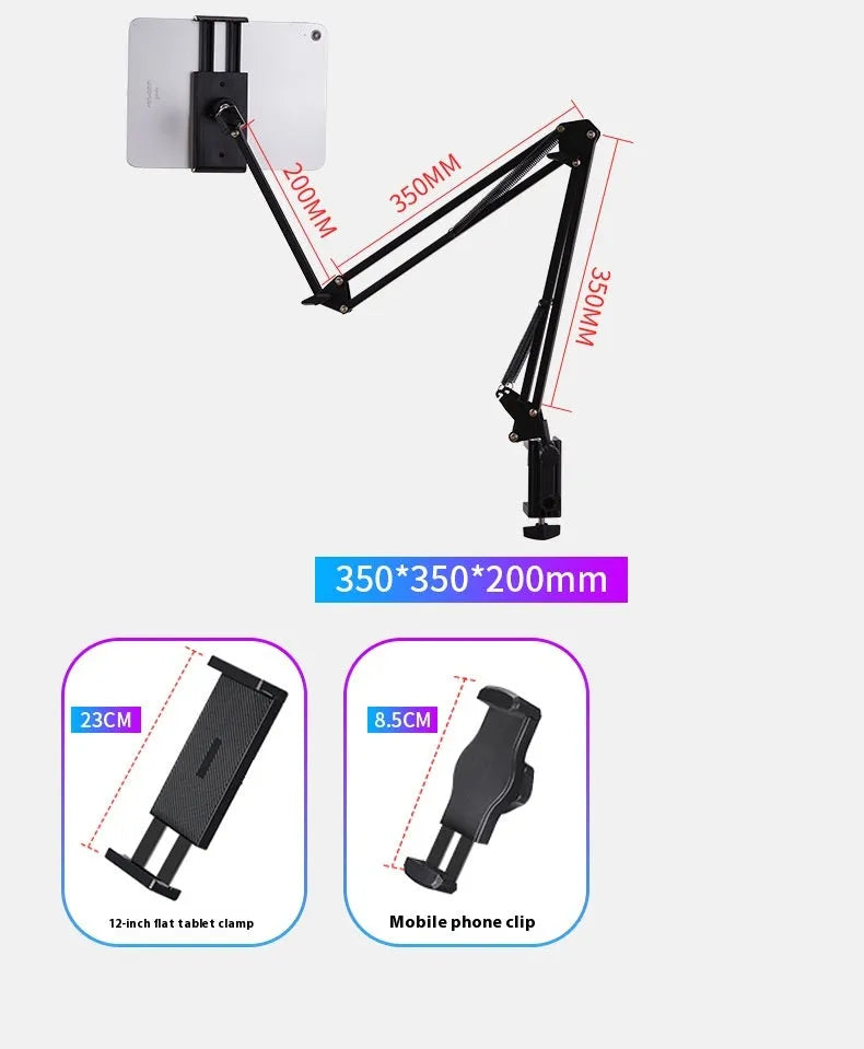 Black foldable metal cantilever bracket holding tablet on desktop with adjustable arm extended