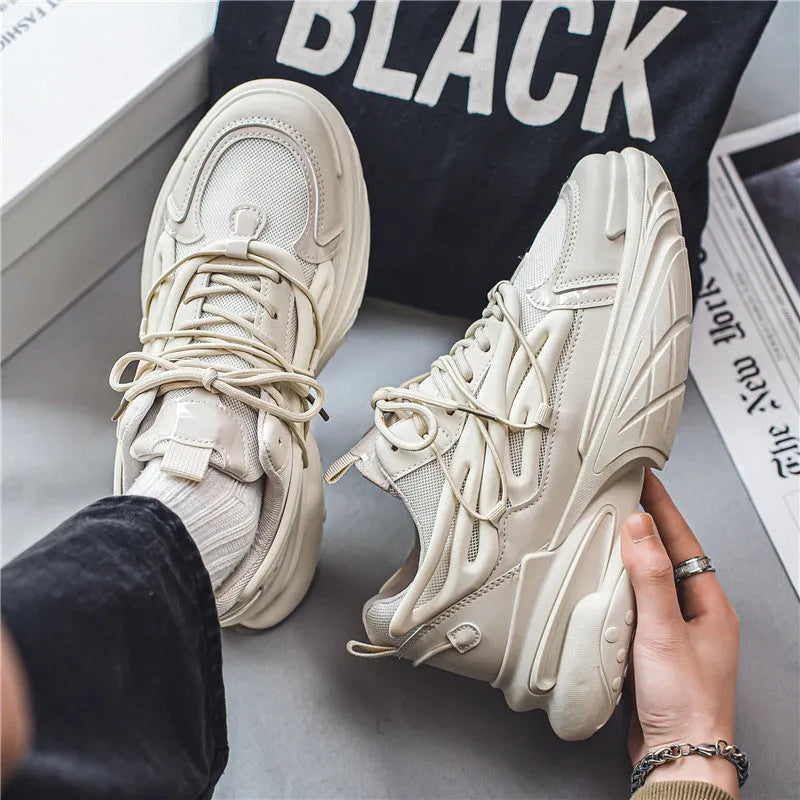 Men's beige low-top lace-up sneaker with mesh upper and platform rubber sole