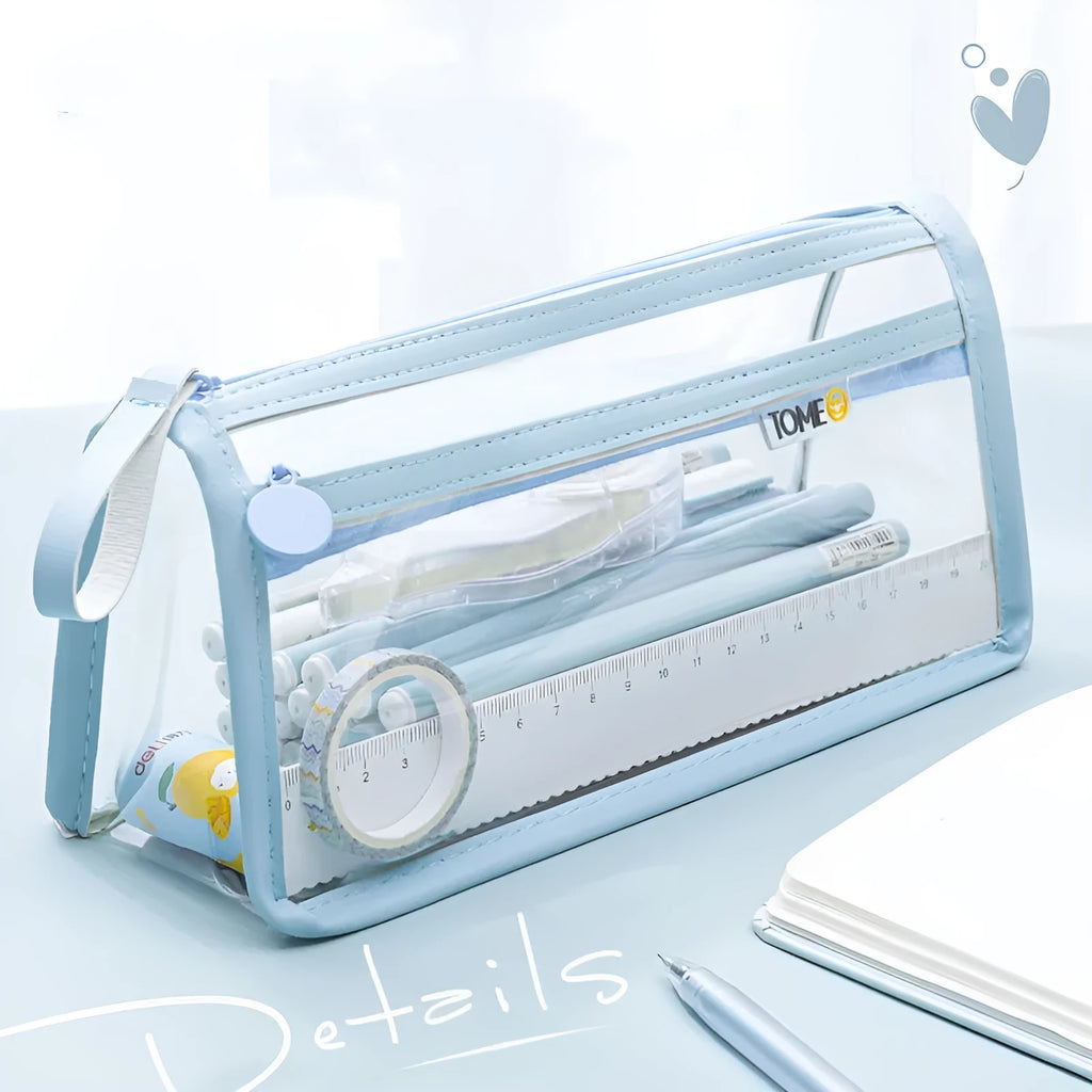 Double-layer transparent pencil case in beige, showing two separate compartments zipped open, with dimensions 220x110x80mm.