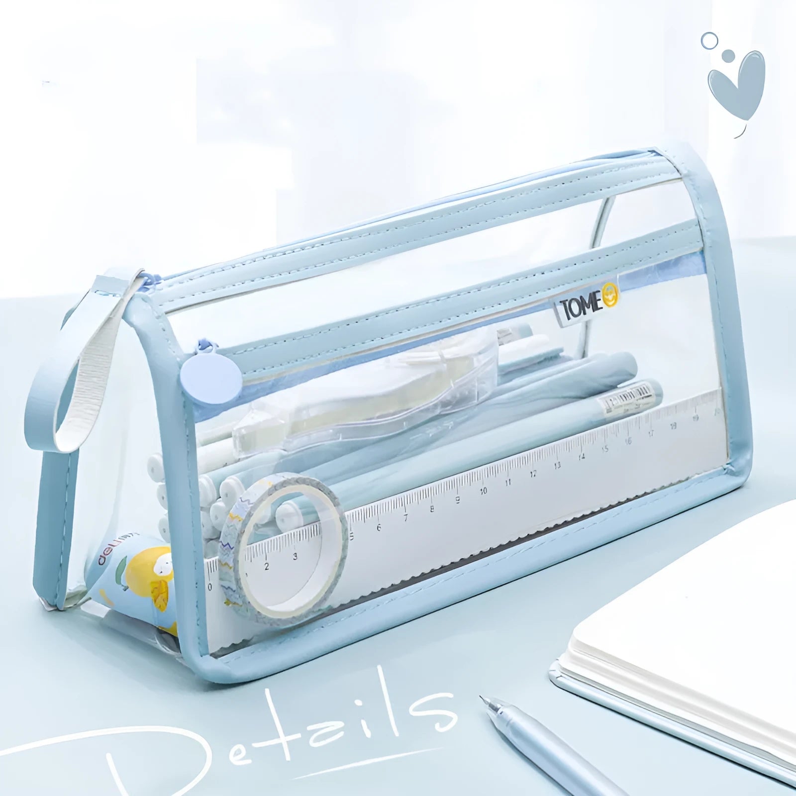 Double-layer transparent pencil case in beige, showing two separate compartments zipped open, with dimensions 220x110x80mm.
